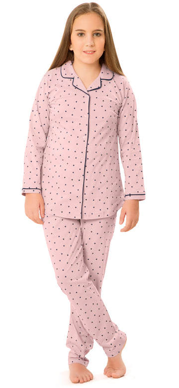 ZEYO Girl's Cotton Dot Printed Pink Night Suit Set of Shirt & Pyjama 5103