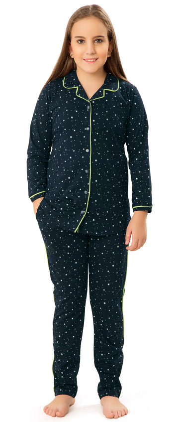 ZEYO Girl's Cotton Star & Dot Printed Navy Blue (Green Piping) Night Suit Set of Shirt & Pyjama