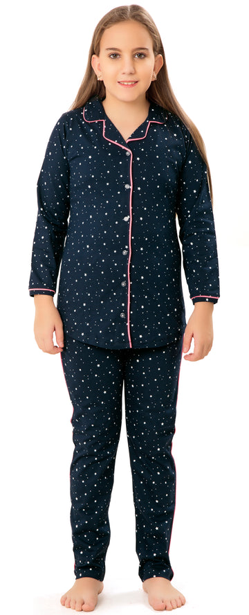 ZEYO Girl's Cotton Star & Dot Printed Navy Blue (Pink Piping) Night Suit Set of Shirt & Pyjama