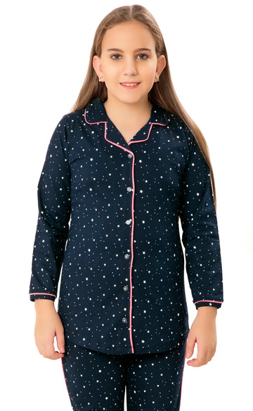 ZEYO Girl's Cotton Star & Dot Printed Navy Blue (Pink Piping) Night Suit Set of Shirt & Pyjama