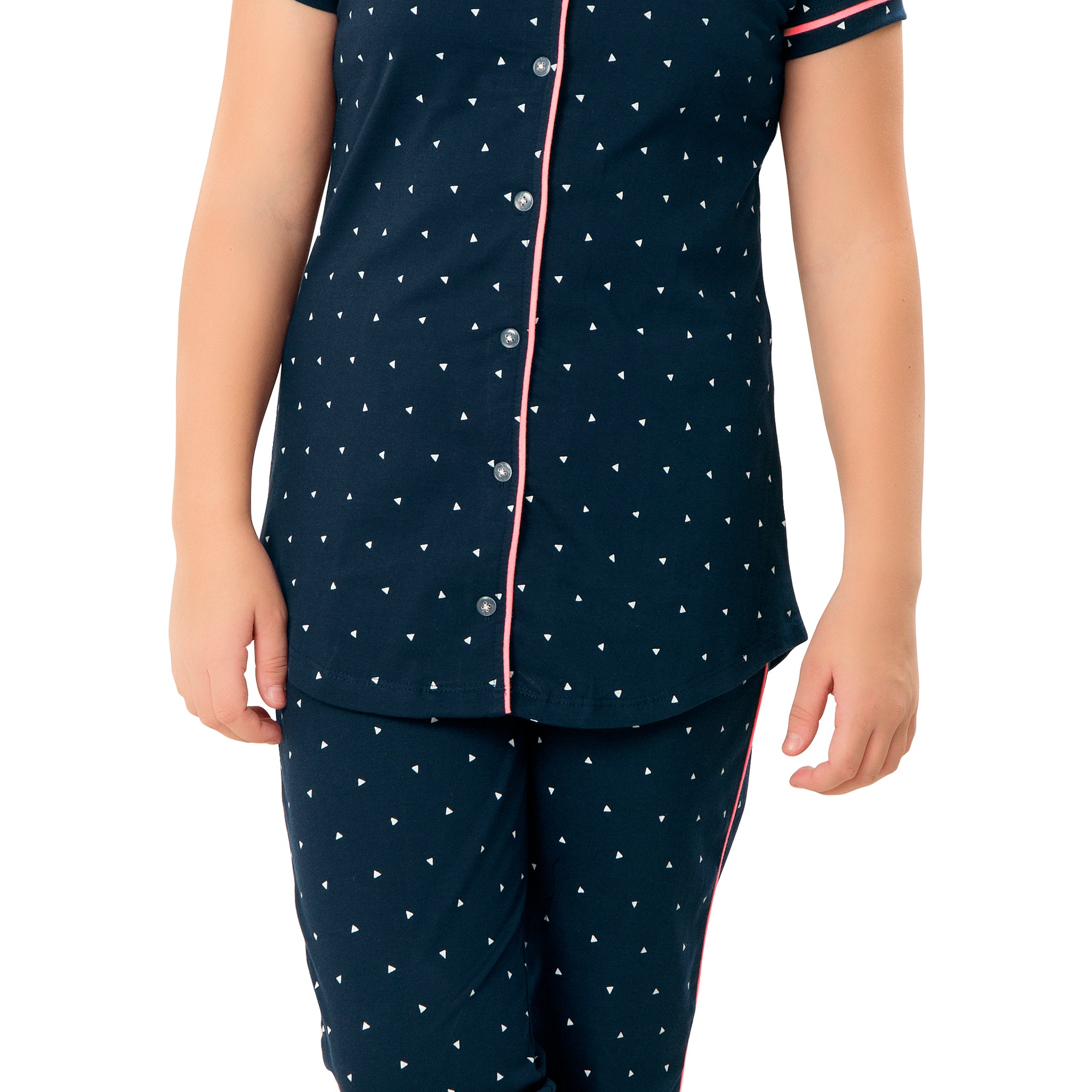 ZEYO Girl's Cotton Tringle Printed Navy Blue (Pink Piping) Night Suit Set of Shirt & Pyjama