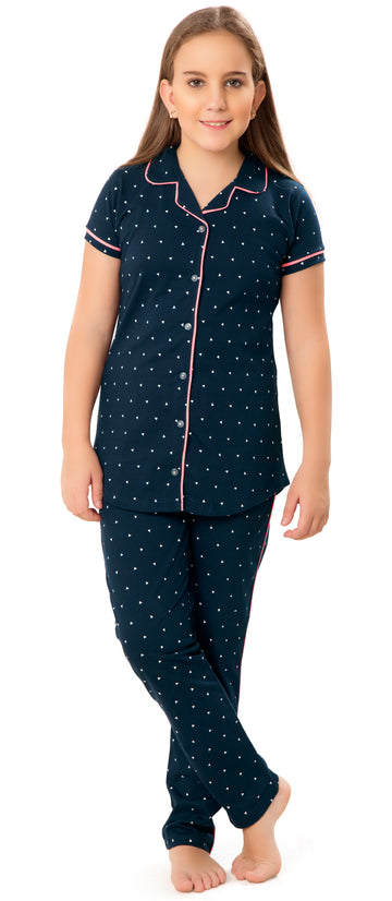 ZEYO Girl's Cotton Tringle Printed Navy Blue (Pink Piping) Night Suit Set of Shirt & Pyjama