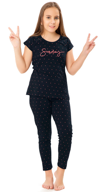 ZEYO Girl's Cotton Tringle Printed Black Night Suit Set of Top & Pyjama