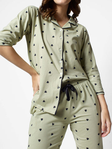 Zeyo Women Green Heart print Stylish Night suit set