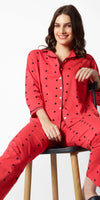 Zeyo Women Red Heart print Stylish Night suit set