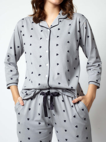 Zeyo Women Grey Heart print Stylish Night suit set