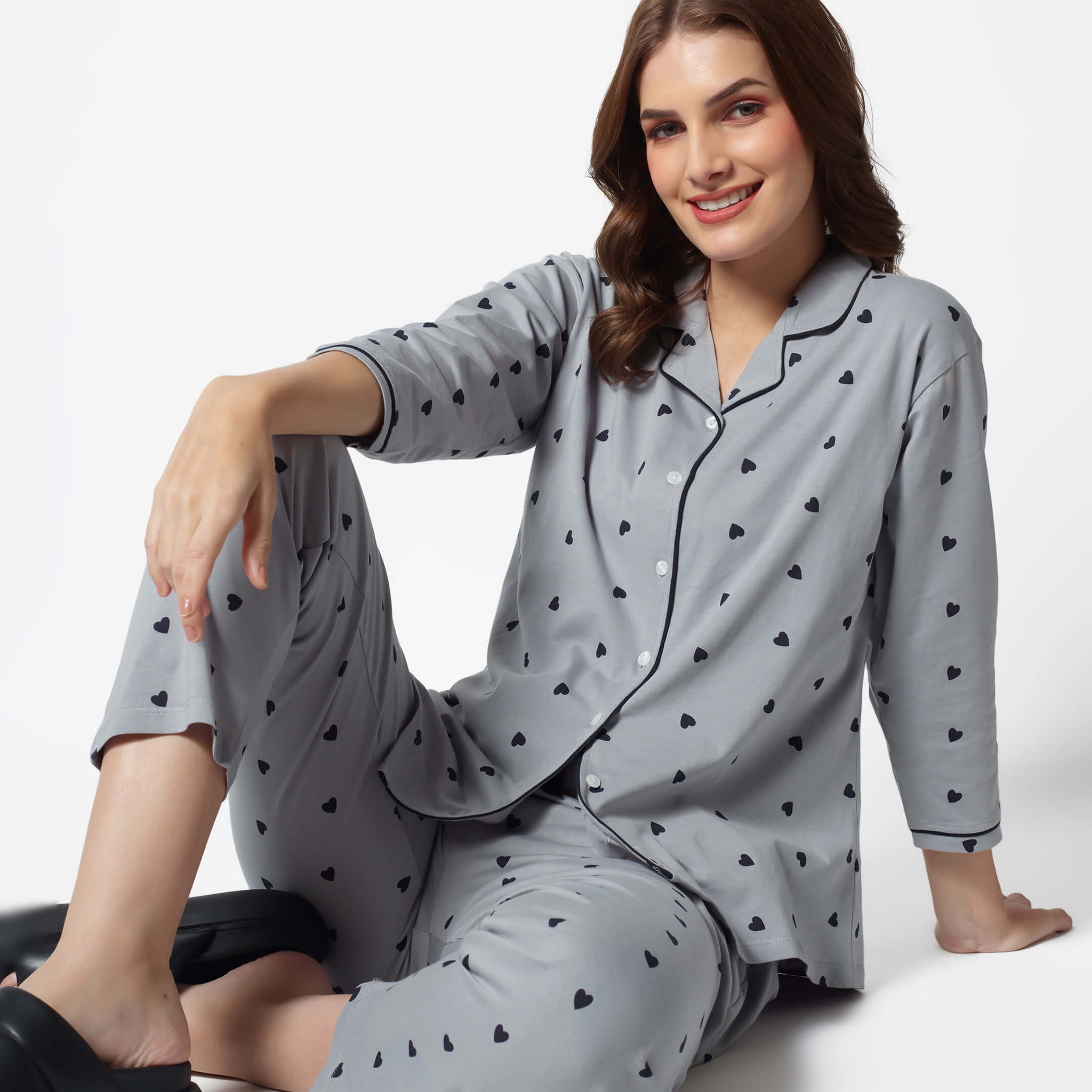 Zeyo Women's 100% Cotton Heart Printed Night Suit Set - Short Sleeve Shirt & Pyjama Pants, Stylish Sleepwear