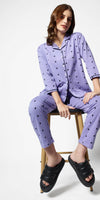 Zeyo Women Violet Heart print Stylish Night suit set