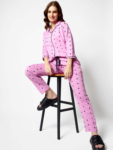 Zeyo Women Pink Heart print Stylish Night suit set