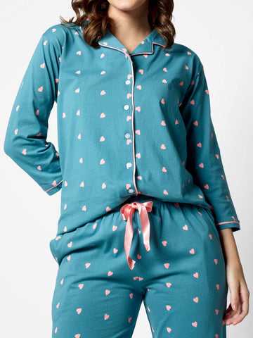 Zeyo Women Sea Green Heart print Stylish Night suit set