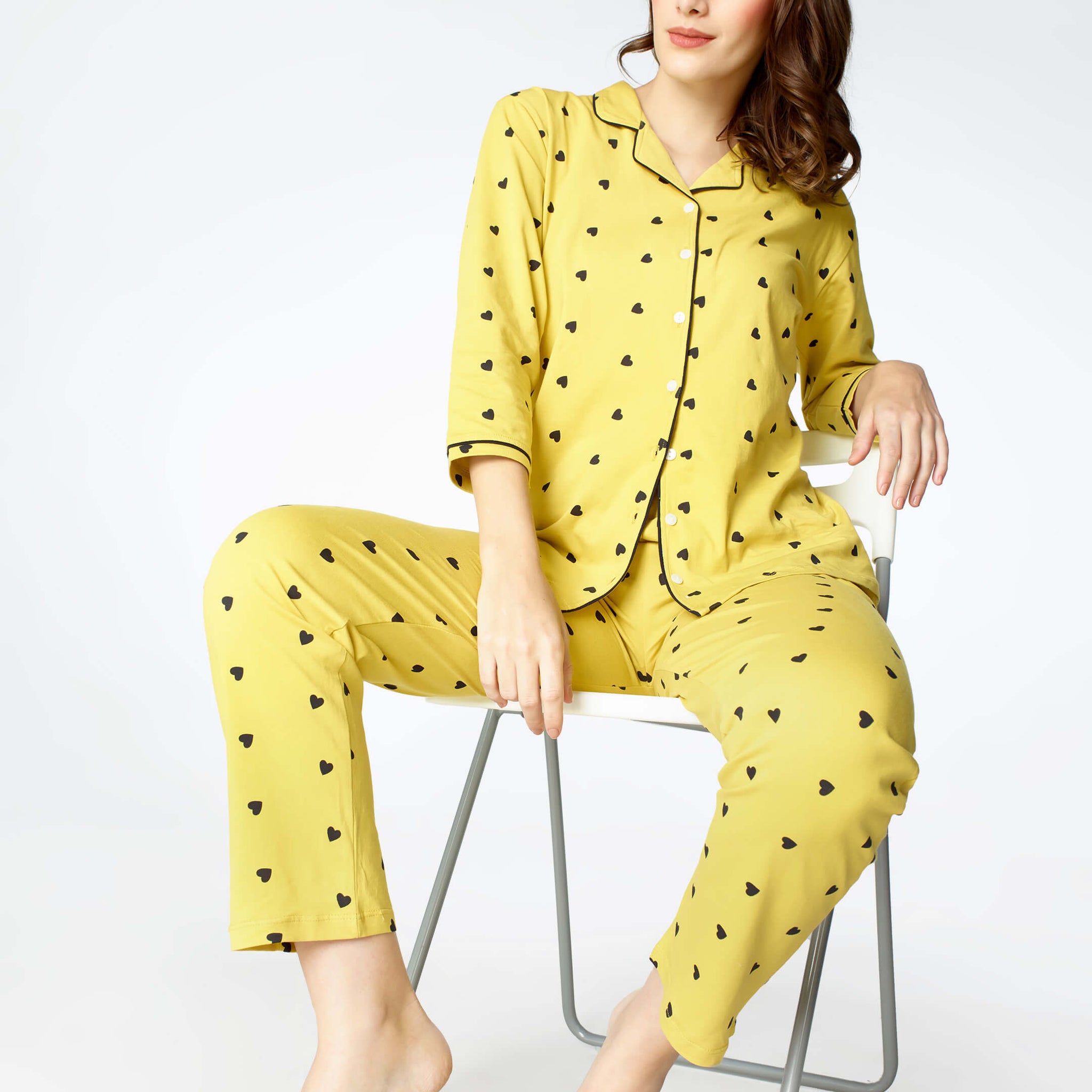 Zeyo Women Yellow Heart print Stylish Night suit set