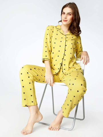 Zeyo Women Yellow Heart print Stylish Night suit set