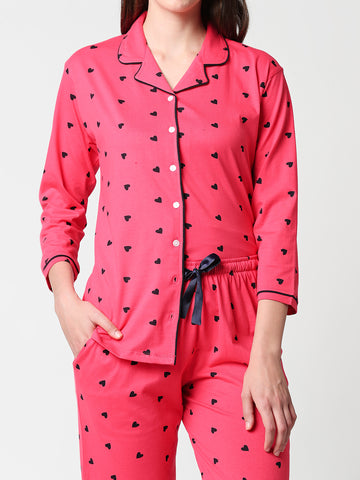 Zeyo Women Pink Heart print Stylish Night suit set