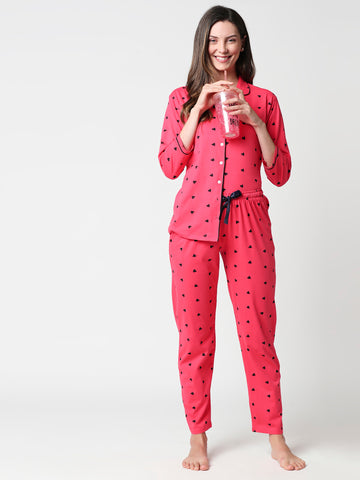Zeyo Women Pink Heart print Stylish Night suit set