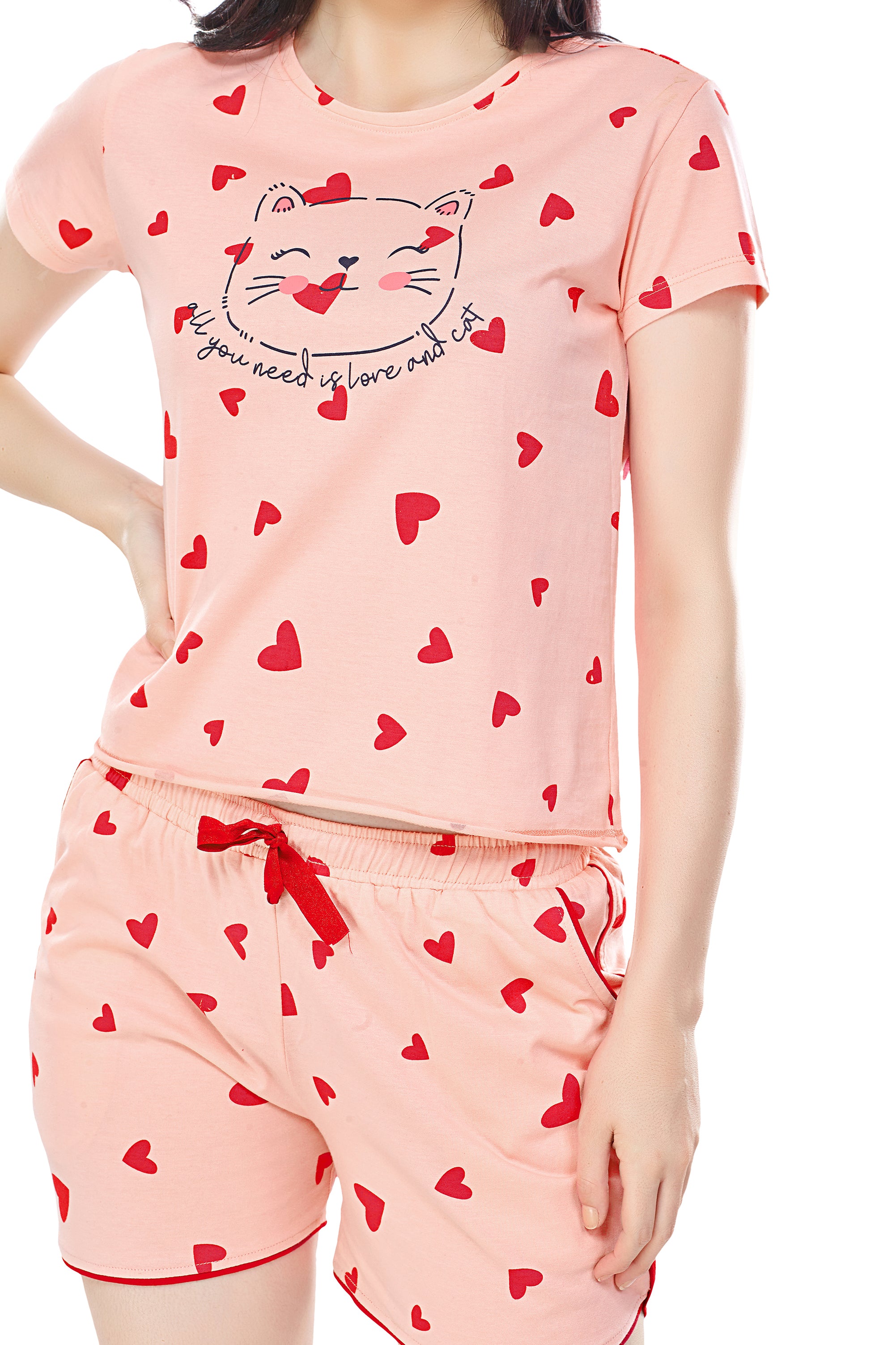 ZEYO Women's Cotton Pink Heart Printed Shorts Set