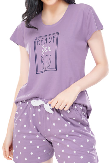 ZEYO Women's Cotton Purple Polka Printed Shorts Set