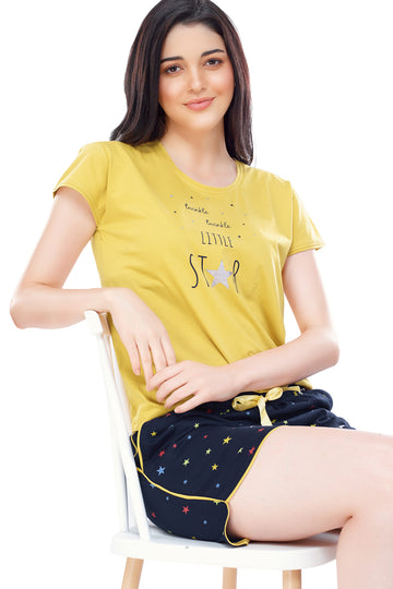 ZEYO Women's Cotton Yellow Star Printed Shorts Set