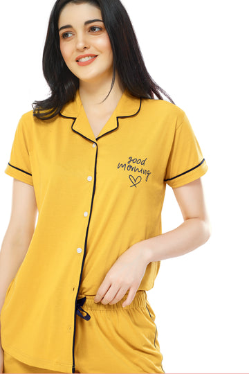 ZEYO Women's Cotton Yellow Solid Stylish Night suit set