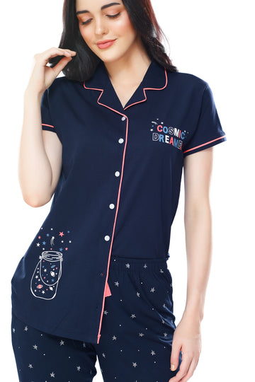 ZEYO Women's Cotton Navy Blue Star Printed Stylish Night suit set