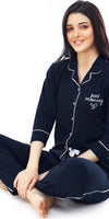 ZEYO Women's Cotton Navy Blue Solid Stylish Night suit set