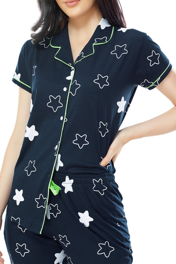ZEYO Women's Cotton Navy Blue & Green Star Printed Stylish Night suit set