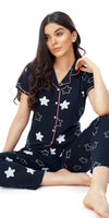 ZEYO Women's Cotton Navy Blue & Pink Star Printed Stylish Night suit set