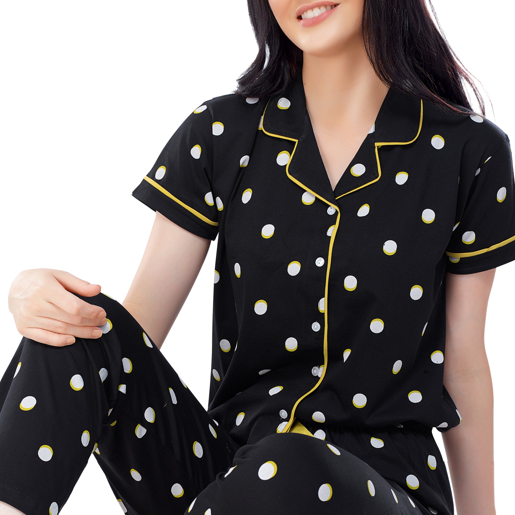 ZEYO Women's Cotton Black Polka Dots Printed Stylish Night suit set
