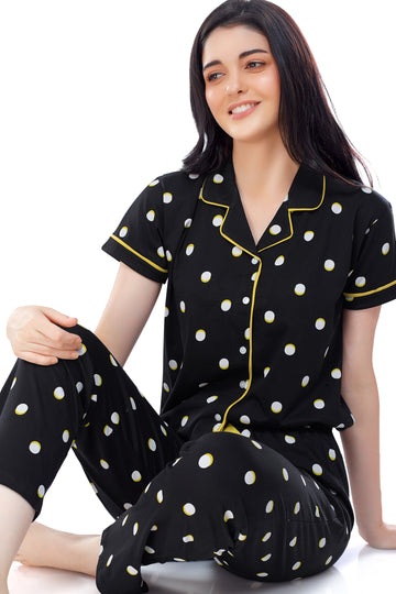 ZEYO Women's Cotton Black Polka Dots Printed Stylish Night suit set