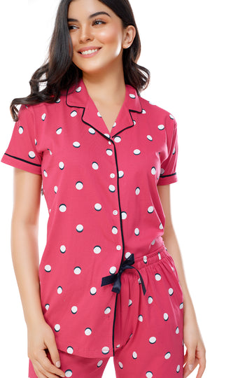ZEYO Women's Cotton Dark Pink Polka Dots Printed Stylish Night suit set
