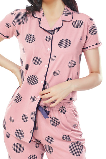 ZEYO Women's Cotton Pink Geometric  Printed Stylish Night suit set