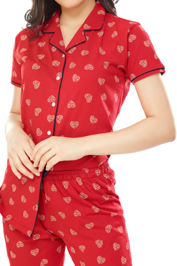 ZEYO Women's Cotton Red Heart Printed Stylish Night suit set
