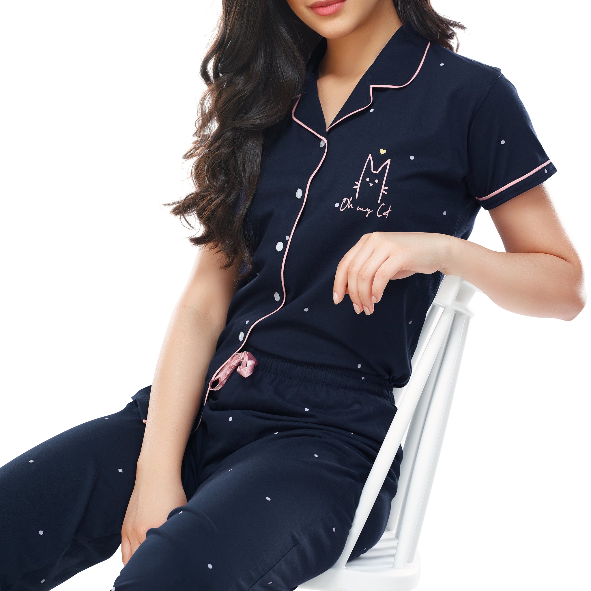 ZEYO Women's Cotton Navy Blue Dot Printed Stylish Night suit set