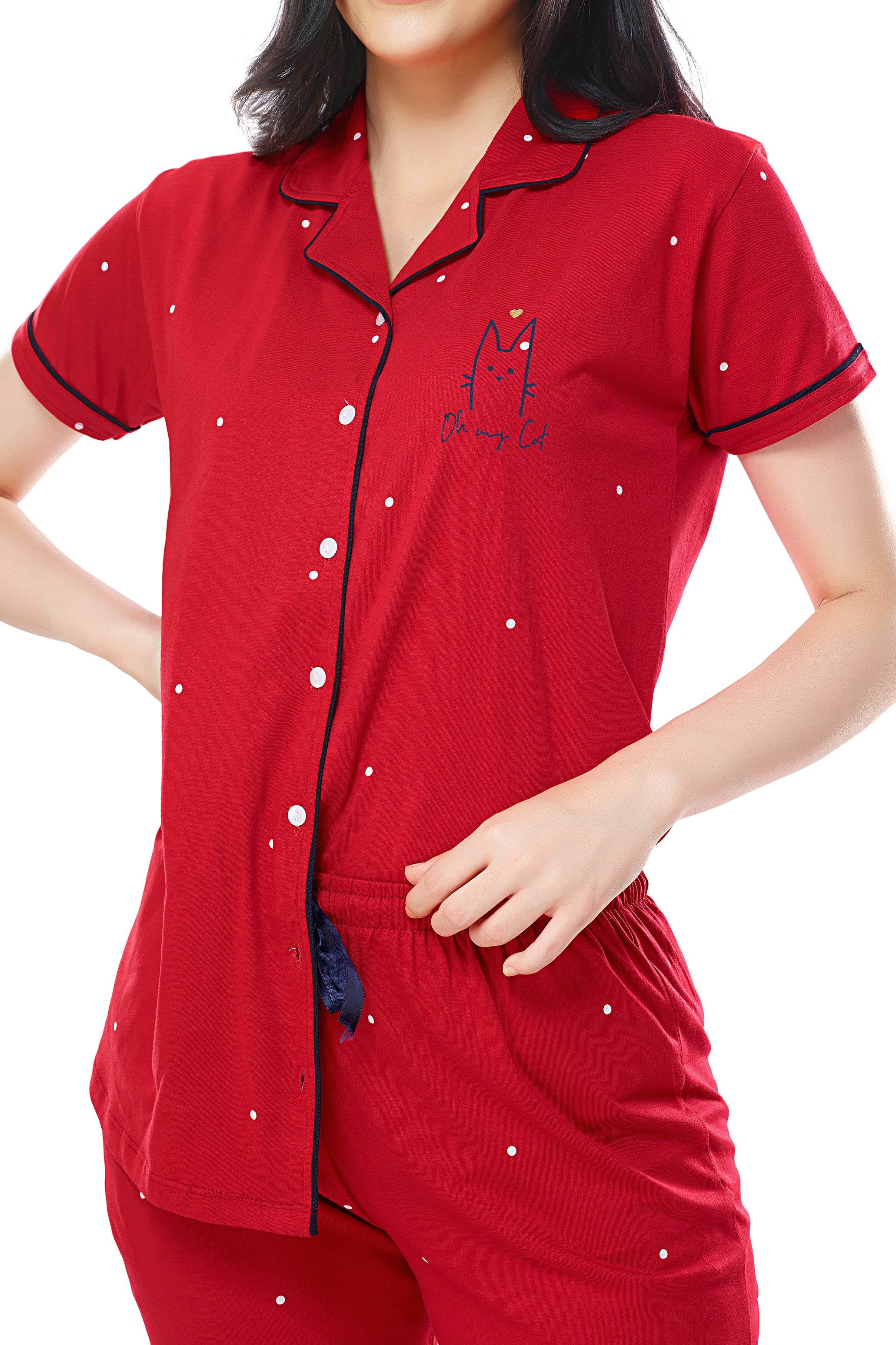 ZEYO Women's Cotton Red Dot Printed Stylish Night suit set