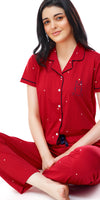 ZEYO Women's Cotton Red Dot Printed Stylish Night suit set