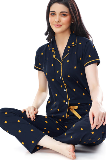 ZEYO Women's Cotton Navy Blue & Yellow Square Printed Stylish Night suit set