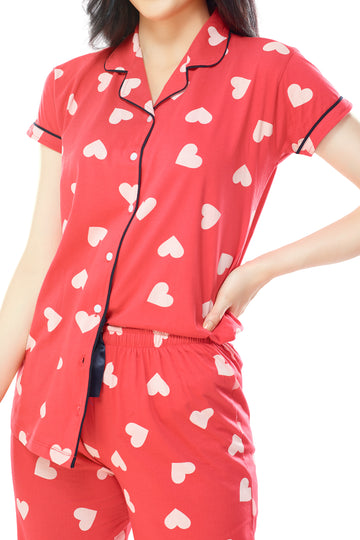 ZEYO Women's Cotton Red Heart Printed Stylish Night suit set