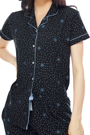 ZEYO Women's Cotton Navy Blue Star & Dot Printed Stylish Night suit set