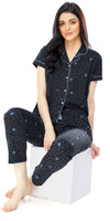 ZEYO Women's Cotton Navy Blue Star & Dot Printed Stylish Night suit set