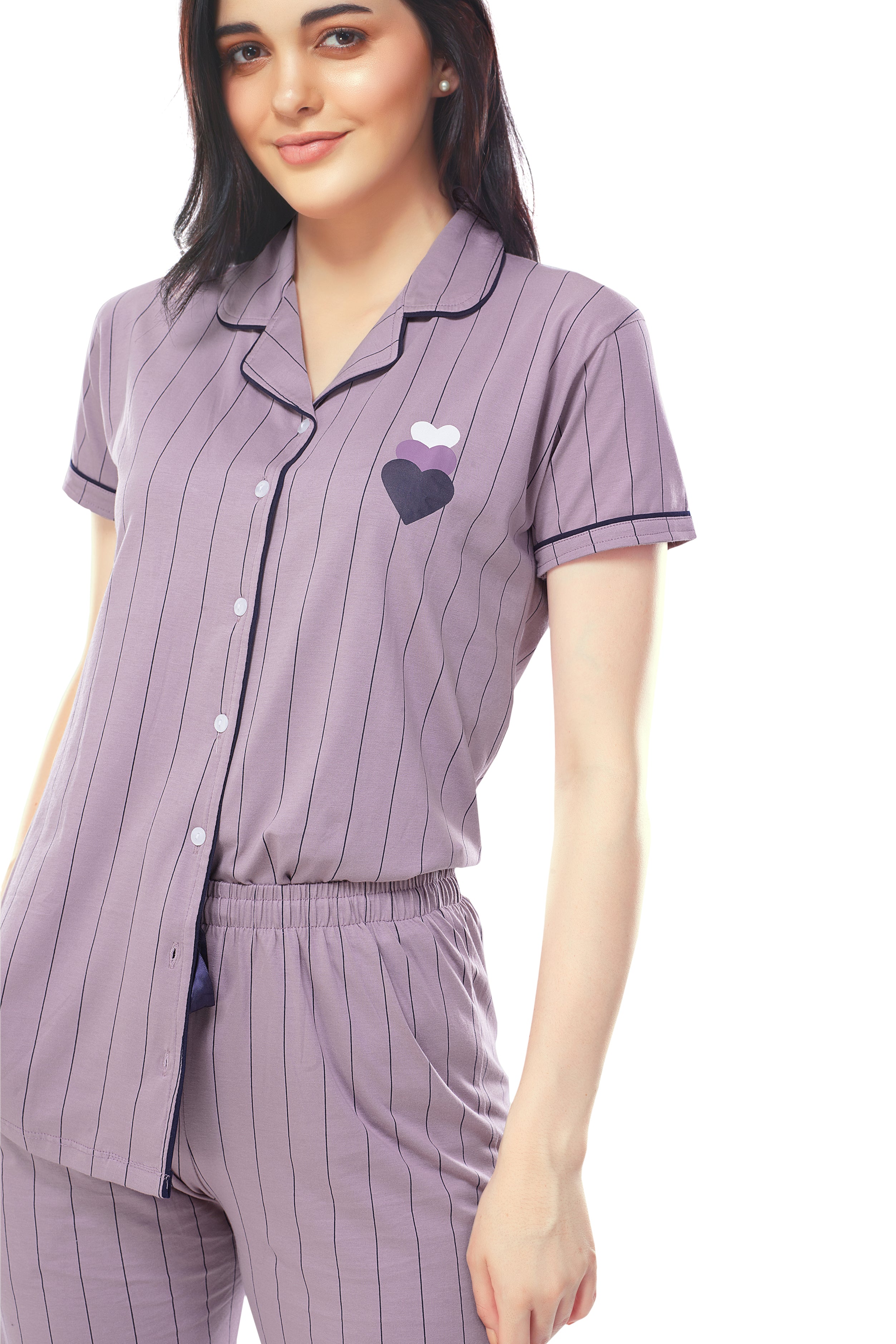 Zeyo Women's Cotton Striped Printed Night Suit Set – Shirt & Pyjama, 3/4 Sleeve, Regular Fit, 100% Cotton (Style 5273)