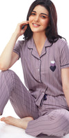 ZEYO Women's Cotton Lavender Striped Stylish Night suit set