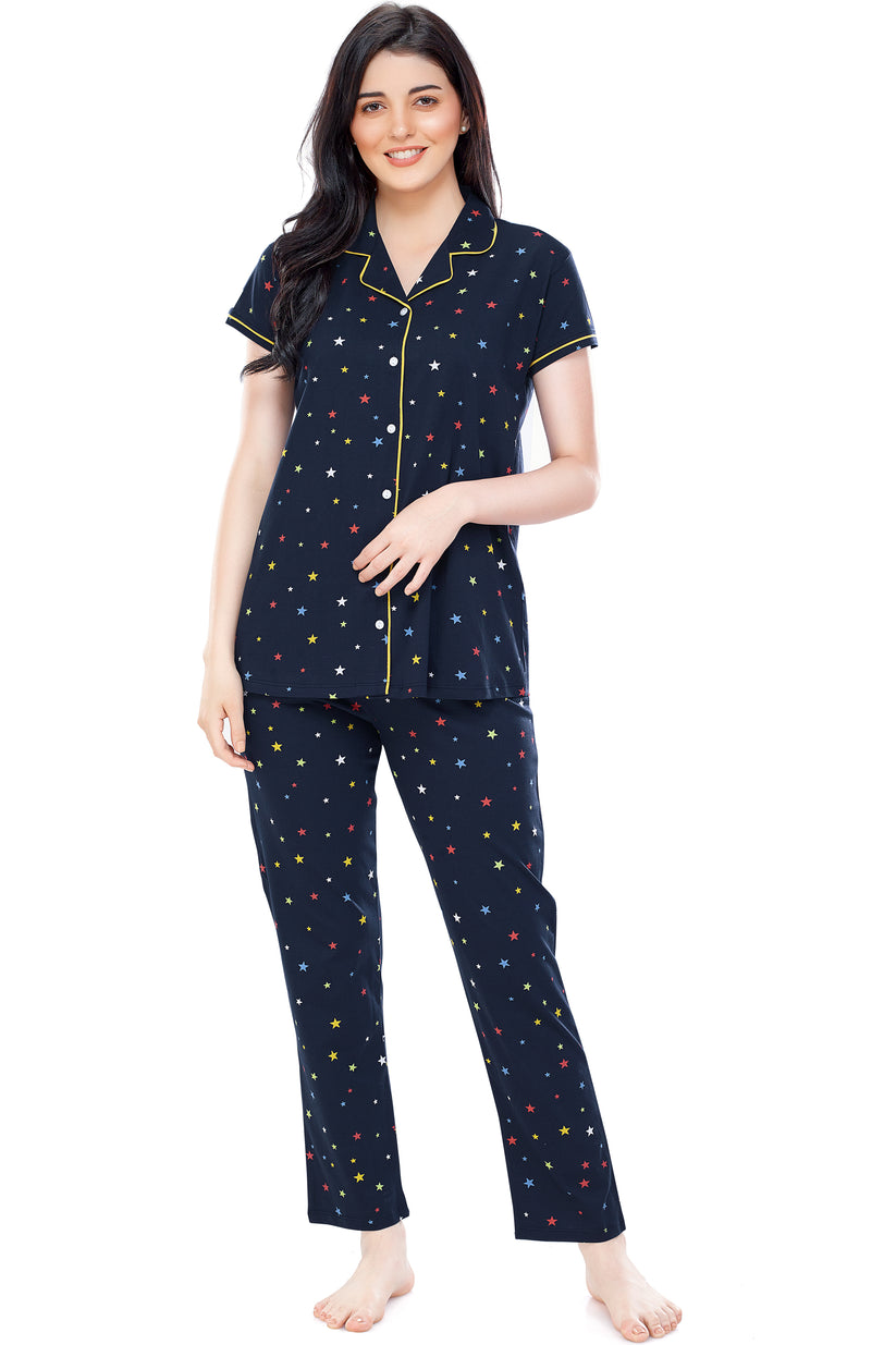 ZEYO Women's Cotton Navy Blue Star Printed Stylish Night suit set