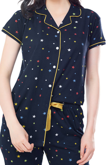 ZEYO Women's Cotton Navy Blue Star Printed Stylish Night suit set