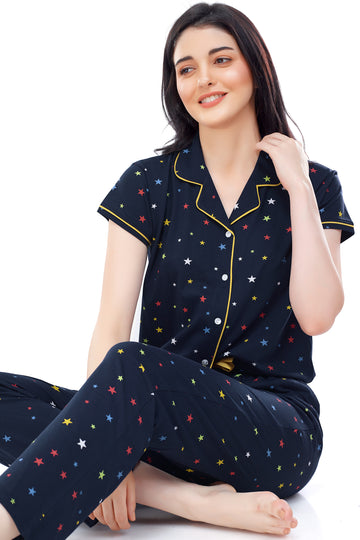 ZEYO Women's Cotton Navy Blue Star Printed Stylish Night suit set
