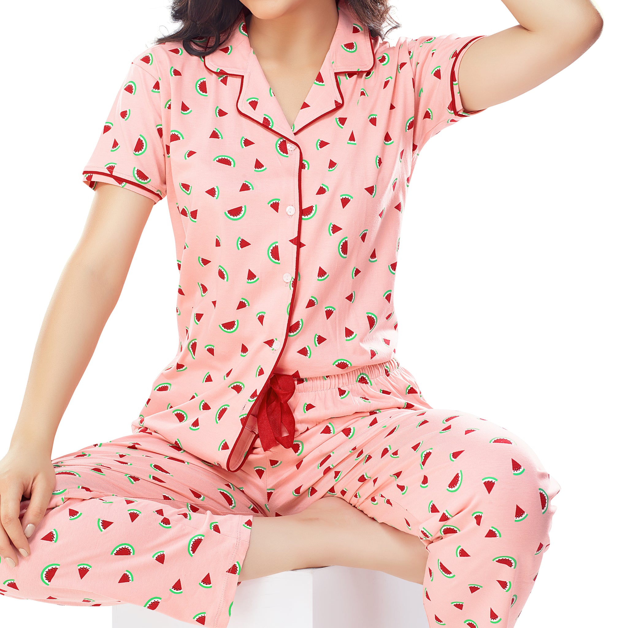 ZEYO Women's Cotton Pink Water Melon Printed Stylish Night suit set