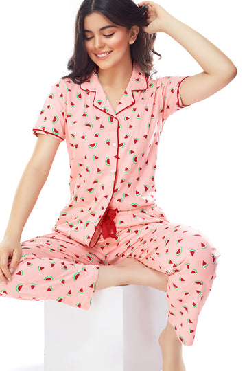 ZEYO Women's Cotton Pink Water Melon Printed Stylish Night suit set