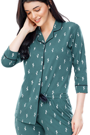 ZEYO Women's Cotton Green Cactus Printed Stylish Night suit set