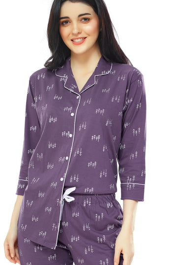 ZEYO Women's Cotton Violet Arrow Printed Stylish Night suit set