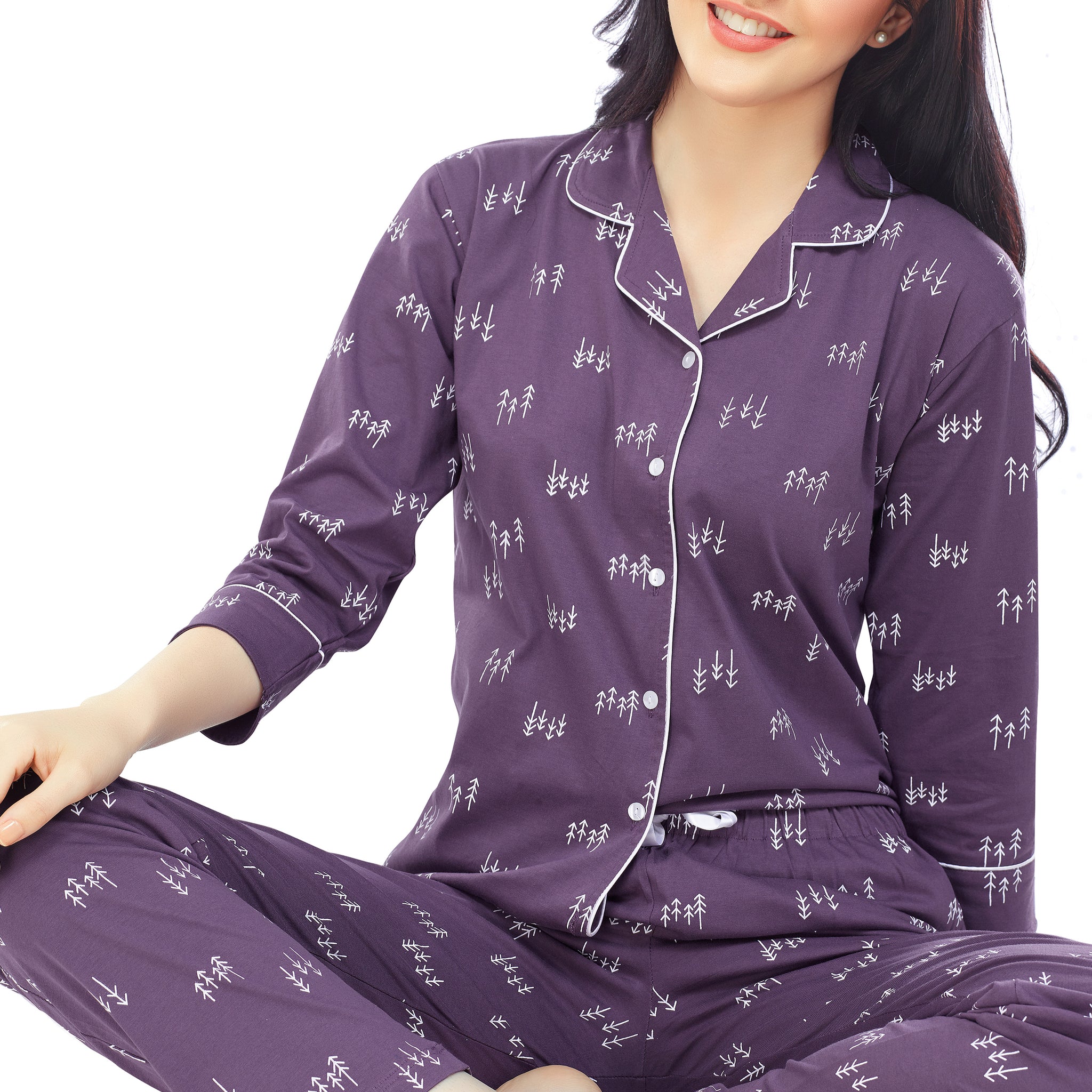 ZEYO Women's Cotton Violet Arrow Printed Stylish Night suit set