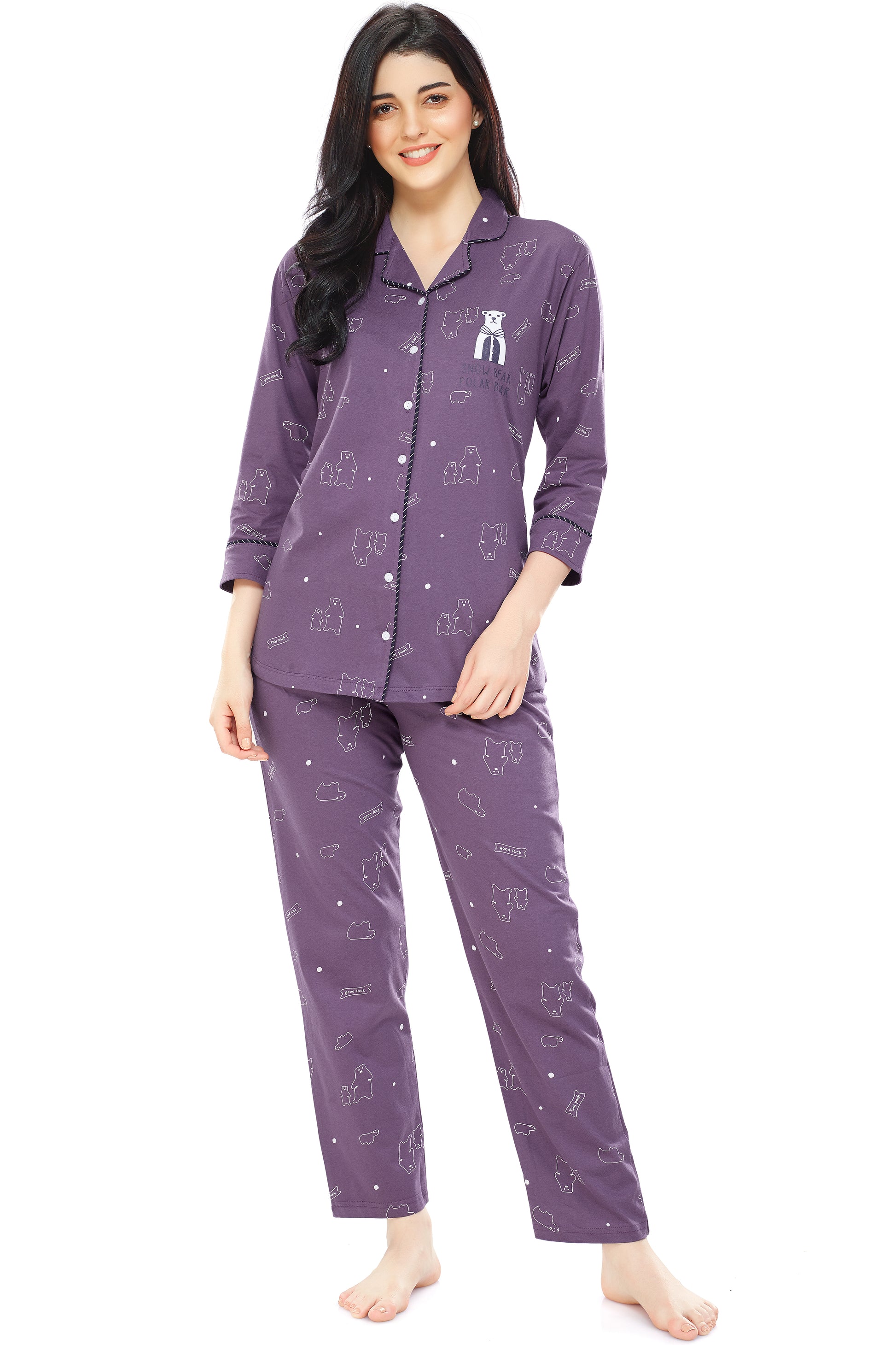 Buy Velvet By Night Purple Cotton Full Sleeves Printed Full Nighty For  Women - Nightdress for Women 7824353