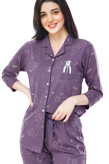 ZEYO Women's Cotton Purple Bear Printed Stylish Night suit set